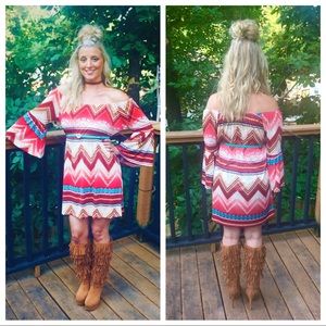 Cold shoulder ruffle sleeve Aztec dress